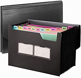 Sooez Expanding File Folder with Colored Sections, 13 Pockets Stand-up Accordion File Folder, Desk Letter A4 Paper Document Organizer with Sticky Labels, 1 Pack, Black