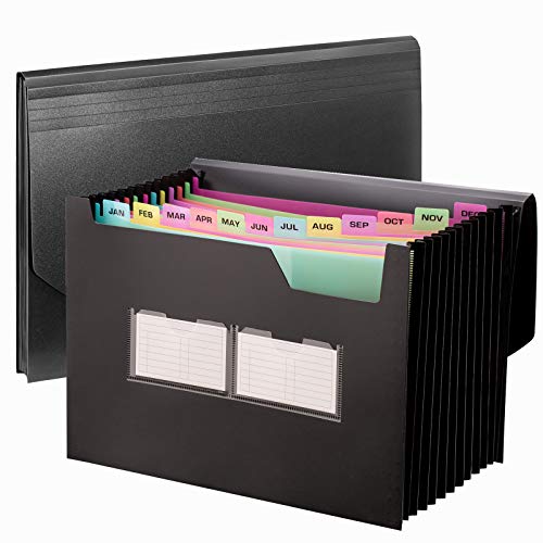 Sooez Expanding File Folder with Colored Sections, 13 Pockets Stand-up Accordion File Folder, Desk Letter A4 Paper Document Organizer with Sticky Labels, 1 Pack, Black