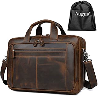 Augus Business Travel Briefcase Genuine Leather Duffel Bags for Men Laptop Bag fits 15.6 inches Laptop YKK Metal Zipper (Dark brown)