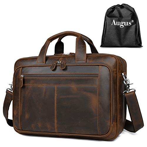 Augus Business Travel Briefcase Genuine Leather Duffel Bags for Men Laptop Bag fits 15.6 inches Laptop YKK Metal Zipper (Dark brown)