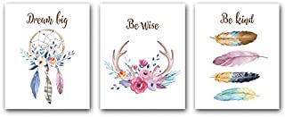 3 SetGirls Boho Tribal Art Print,Dreamcatcher Feathers Flowers With Inspirational Quote Wall Poster Picture, Nordic Dream Catcher Pictures for Living Room Bedroom Home Decor ,(Unframed,8