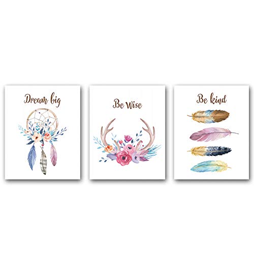 3 SetGirls Boho Tribal Art Print,Dreamcatcher Feathers Flowers With Inspirational Quote Wall Poster Picture, Nordic Dream Catcher Pictures for Living Room Bedroom Home Decor ,(Unframed,8