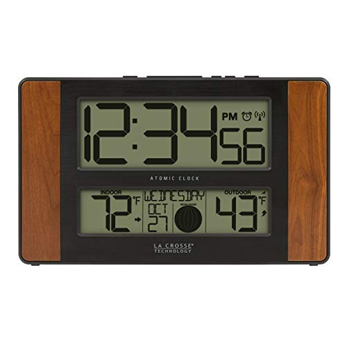 La Crosse Technology 513-1417CH-INT Atomic Digital Clock with Temperature and Moon Phase, Cherry