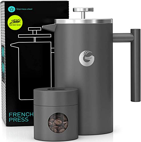 Coffee Gator French Press Coffee Maker- Insulated, Stainless Steel Manual Coffee Makers For Home, Camping w/ Travel Canister- Presses 4 Cup Serving- Large, Gray