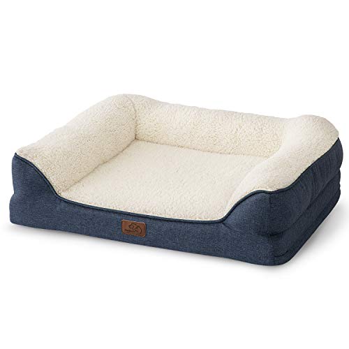 Bedsure Orthopedic Pet Sofa Beds for Small, Medium Dogs & Cats - 28x23x7 inches Medium Dog Beds, Denim Blue - Memory Foam Couch Dog Bed with Removable Washable Cover - Bolster Dog Beds