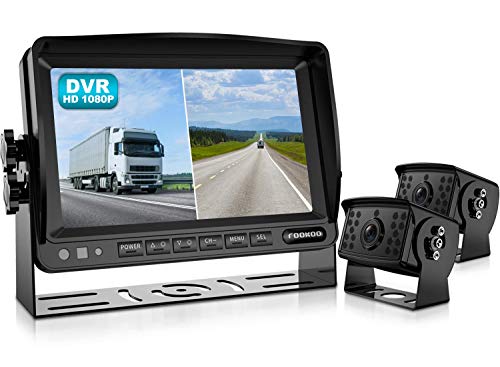 Fookoo  HD 1080P Backup Camera System Kit,7'' DVR Dual Split Screen Monitor, IP69 Waterproof Rear View Camera for Truck/Semi-Trailer/Box Truck/RV, Sharp CCD Chip,100% Not Wash Up (FHD2-Wired)