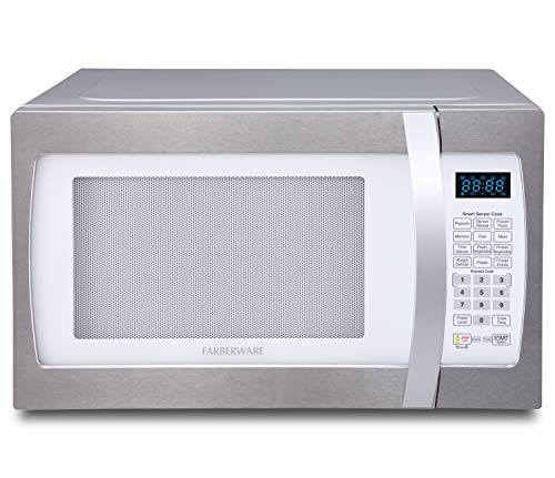 Farberware Professional FMO13AHTPLE 1.3 Cu. Ft. 1100-Watt Microwave Oven with Smart Sensor Cooking, ECO Mode and Blue LED Lighting, White and Platinum