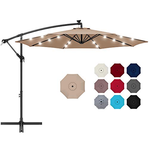 Best Choice Products 10ft Solar LED Offset Hanging Market Patio Umbrella for Backyard, Poolside, Lawn and Garden w/Easy Tilt Adjustment, Polyester Shade, 8 Ribs - Tan