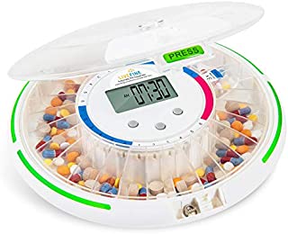 LiveFine Automatic Pill Dispenser with 28-Day Electronic Medication Organizer, 6 Dosage Templates, Sound & Light Alerts & Key for Vitamins, Supplements & More (Frosted Lid)