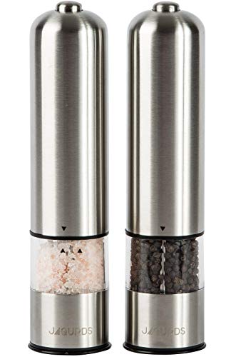 Electric Salt and Pepper Grinder Set - Automatic, Refillable, Battery Operated Stainless Steel Spice Mills with Light - One Handed Push Button Peppercorn Grinders and Sea Salt Mills