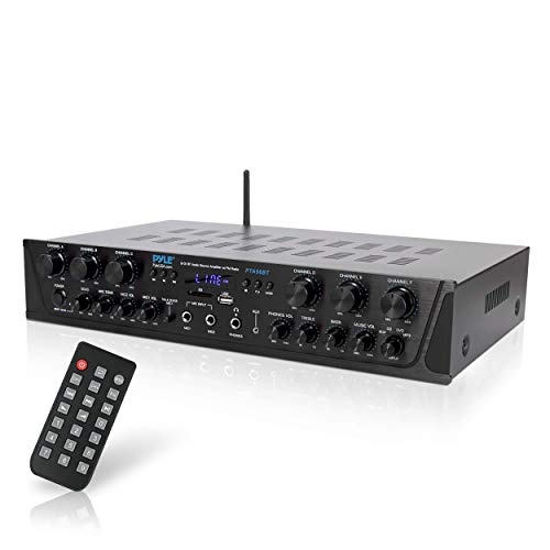 Wireless Home Audio Amplifier System-Bluetooth Compatible Sound Stereo Receiver Amp - 6 Channel 600Watt Power, Digital LCD, Headphone Jack, 1/4'' Microphone in USB SD AUX RCA FM Radio-Pyle PTA66BT.5