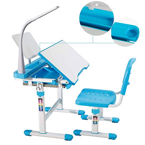 Mecor Kids Desk, Height Adjustable Children Study Table and Chair Set, Childs Desk w/Lamp School Student Writing Desk w/Pull Out Drawer Storage,Pencil Case,Bookstand Blue