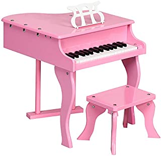 Costzon Classical Kids Piano, 30 Keys Wood Toy Grand Piano with Music Stand and Bench, Mini Musical Toy for Child, Ideal for Children's Room, Best Gift (Bent Leg, Pink)