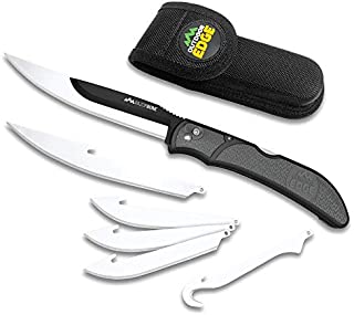 Outdoor Edge RazorBone - Replaceable Blade Folding Hunting Knife with Drop-Point Blades, Boning-Fillet Blades, Gutting Blade and Nylon Sheath (Gray, 6 Blades)