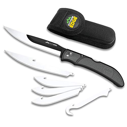 Outdoor Edge RazorBone - Replaceable Blade Folding Hunting Knife with Drop-Point Blades, Boning-Fillet Blades, Gutting Blade and Nylon Sheath (Gray, 6 Blades)