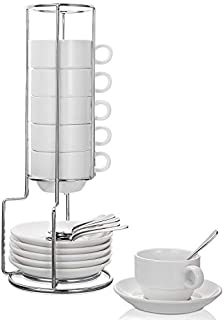 Aozita Espresso Cups and Saucers with Espresso Spoons, Stand Rack, 19-piece Porcelain Stackable Espresso Mugs, 2.5-Ounce Demitasse Cups for Espresso, Latte, Cafe Mocha