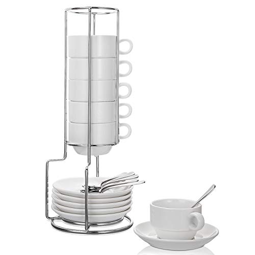 Aozita Espresso Cups and Saucers with Espresso Spoons, Stand Rack, 19-piece Porcelain Stackable Espresso Mugs, 2.5-Ounce Demitasse Cups for Espresso, Latte, Cafe Mocha