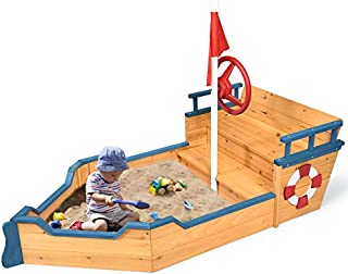 Costzon Pirate Boat Wood Sandbox for Kids, Wooden Pirate Sandboat Covered Sandboxes w/Bench Seat, Flag, Storage Space, Non-Woven Fabric Cloth, Children Outdoor Playset for Backyard, Home, Lawn, Garden