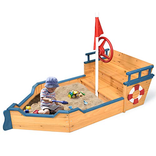 Costzon Pirate Boat Wood Sandbox for Kids, Wooden Pirate Sandboat Covered Sandboxes w/Bench Seat, Flag, Storage Space, Non-Woven Fabric Cloth, Children Outdoor Playset for Backyard, Home, Lawn, Garden