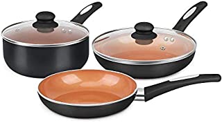 FGY 5 Pieces Copper Pots Pans Set Nonstick Cookware Set with Induction Bottom, 9.5 inch Frying Pan with Lid, 8 inch Fry Pan, 2 Quart Sauce Pan with Glass Lid - Dishwasher Safe (Black)