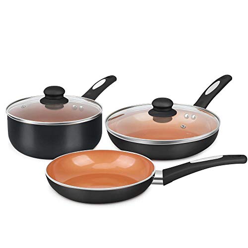 FGY 5 Pieces Copper Pots Pans Set Nonstick Cookware Set with Induction Bottom, 9.5 inch Frying Pan with Lid, 8 inch Fry Pan, 2 Quart Sauce Pan with Glass Lid - Dishwasher Safe (Black)