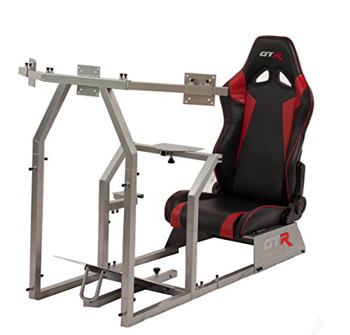 GTR Simulator GTAF-S-S105LBKRD - GTA-F Model (Silver) Triple or Single Monitor Stand with Black/Red Adjustable Leatherette Seat, Racing Simulator Cockpit Gaming Chair Single Monitor Stand