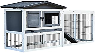PawHut Solid Wood Rabbit Hutch with 2 House Levels and Patio Space, Strong Black Metal Cage Wire, and Easy Clean Tray