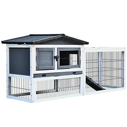 PawHut Solid Wood Rabbit Hutch with 2 House Levels and Patio Space, Strong Black Metal Cage Wire, and Easy Clean Tray