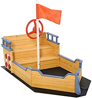 Outsunny Kids Sandbox Pirate Ship Play Boat w/ Bench Seats and Storage, Cedar Wood