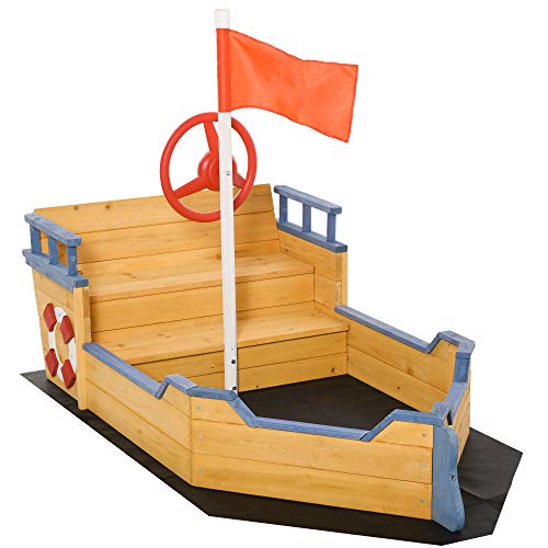 Outsunny Kids Sandbox Pirate Ship Play Boat w/ Bench Seats and Storage, Cedar Wood