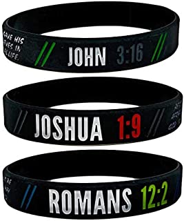 Christian Wristbands with Bible verses (6 pack). Religious Silicone Bracelets For Guys, Girls, Teens. Bulk Pack for Gifts, Party Favors, AWANA, VBS or Goody Bags - John 3:16, Romans 2:12, Joshua 1:9