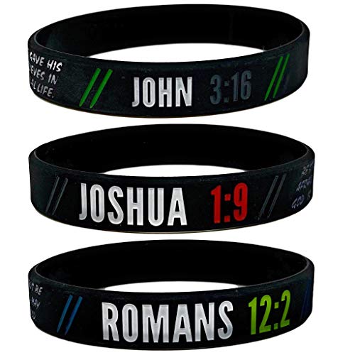 Christian Wristbands with Bible verses (6 pack). Religious Silicone Bracelets For Guys, Girls, Teens. Bulk Pack for Gifts, Party Favors, AWANA, VBS or Goody Bags - John 3:16, Romans 2:12, Joshua 1:9