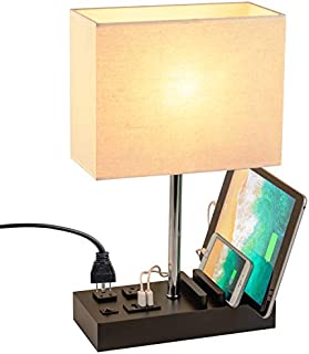 Dreamholder Desk Lamp with 3 USB Charging Ports, 2 AC Outlets and 3 Phone Stands, Modern USB Table Lamp with Black Wooden Base and Cream Linen Shade