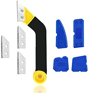 Running Man Grout Remover Tool, Sturdy Angled Grout Scraping Rake Tool with 3 Pieces Extra Blades Replacement for Tile Cleaning, 4 Pieces Silicone Sealant Tool