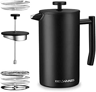 Belwares French Press Coffee Maker - Double Wall 304 Stainless Steel - 4 Level Filtration System with 2 Extra Filters, Black, 34oz (1L)