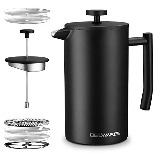 Belwares French Press Coffee Maker - Double Wall 304 Stainless Steel - 4 Level Filtration System with 2 Extra Filters, Black, 34oz (1L)