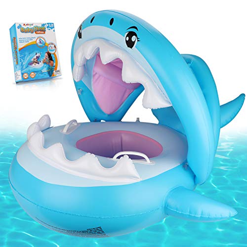 Baby Pool Float Swimming Float with Canopy Inflatable Floatie Swim Ring for Kids Aged 9-36 Months (Blue)