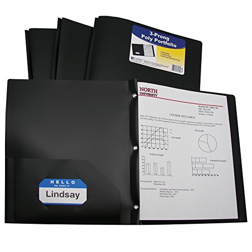 C-Line Two-Pocket Heavyweight Poly Portfolio with Prongs, For Letter Size Papers, Includes Business Card Slot, 1 Case of 25 Portfolios, Black (33961-25)