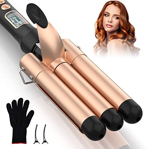 3 Barrel Curling Iron Wand, 25mm Hair Waver Professional Ceramic Hair Curling Iron with Temperature Adjustable LCD Display,Fast Heating Curling Wand Set Hair Crimper with Heat Resistant Glove