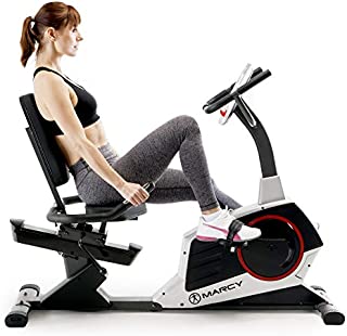 Marcy Regenerating Recumbent Exercise Bike with Adjustable Seat, Pulse Monitor and Transport Wheels ME-706