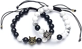 Karseer Yin Yang Matching Distance Bracelet Retro Viking Wolf Charms Black Matte Onyx and White Howlite 8mm Stone Beads Friendship Relations Anxiety Relief Bracelet Set for Guys Couples His and Hers