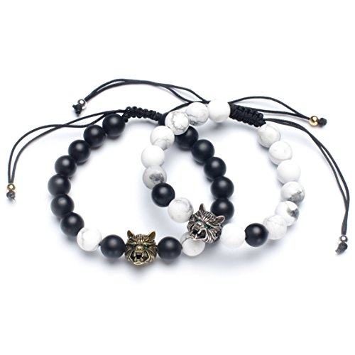 Karseer Yin Yang Matching Distance Bracelet Retro Viking Wolf Charms Black Matte Onyx and White Howlite 8mm Stone Beads Friendship Relations Anxiety Relief Bracelet Set for Guys Couples His and Hers