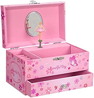 SONGMICS Ballerina Music Jewelry Box Storage Case with Drawer, Gift for Little Girls, 7.5L x 4.3W x 4.3H, Pink