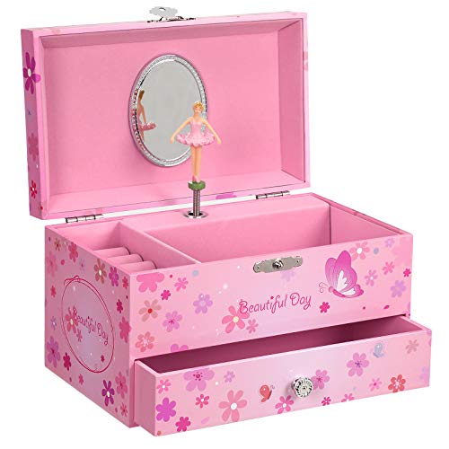 SONGMICS Ballerina Music Jewelry Box Storage Case with Drawer, Gift for Little Girls, 7.5L x 4.3W x 4.3H, Pink