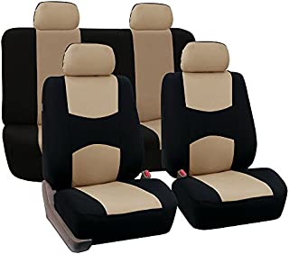 FH Group Universal Fit Full Set Flat Cloth Fabric Car Seat Cover (Beige/Black) (FH-FB050114, Fit Most Car, Truck, Suv, or Van)