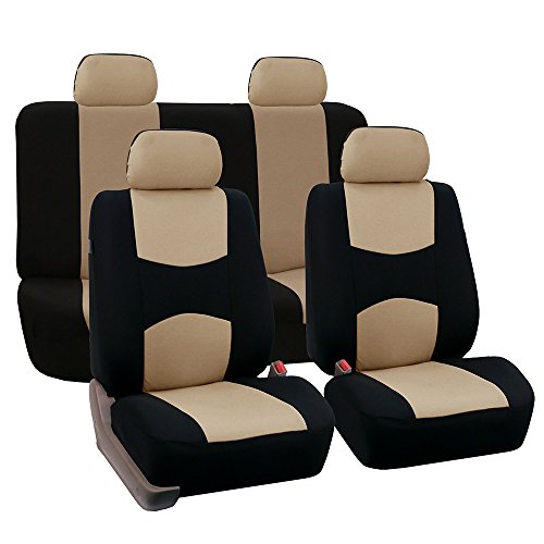 FH Group Universal Fit Full Set Flat Cloth Fabric Car Seat Cover (Beige/Black) (FH-FB050114, Fit Most Car, Truck, Suv, or Van)