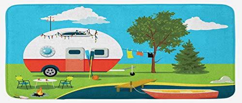 Lunarable Happy Camper Kitchen Mat, Cartoon Fishing Trip Scene Caravan Boat Fire Pit Camping Table Laundry Line, Plush Decorative Kitchen Mat with Non Slip Backing, 47