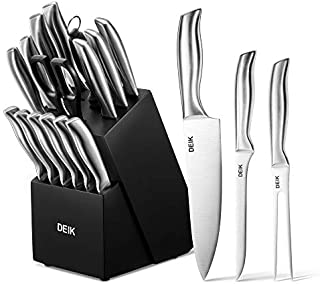 Deik Knife Set, 16-Piece Kitchen Knife Set with Wood Block, Manual Sharpening for Chef Knife Set, Stainless Steel Hollow Handle Block Set