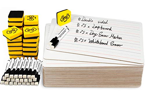 Double Sided Dry Erase Boards - Lined/Plain, Ohuhu 25-Pack 9 x 12 Inch Whiteboards Set, Including 25 x Lap Board, 25 x Black Markers, 25 x White Boards Eraser for Students, Classroom, School