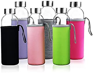 YEBODA Glass Water Bottles 18oz Bottles For Beverage and Juicer Use Stainless Steel Caps - Including Colorful Nylon Protection Sleeve,Pack Of 6